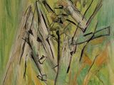 a painting of a group of birds sitting on top of a grass covered field