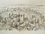 a drawing of a castle in the middle of a town