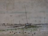 a picture of a painting of a boat on the beach