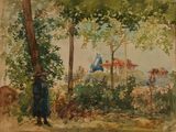 une aquarelle représentant un homme debout dans les bois