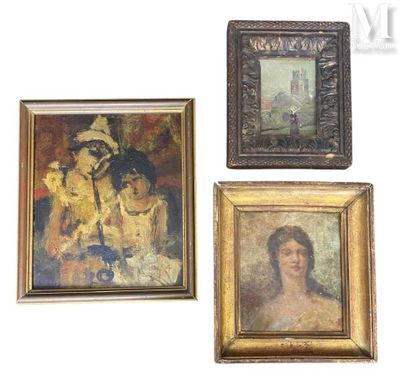 trois tableaux encadrés représentant des femmes coiffées de chapeaux et une femme en robe jaune