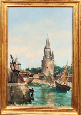 tableau représentant une vue d'un port avec des bateaux et une église en arrière-plan