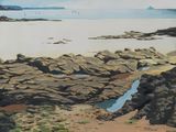 a painting of a beach with rocks and a body of water