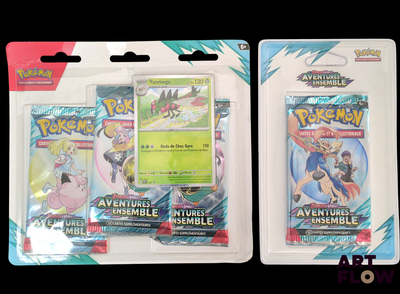 deux paquets de cartes à collectionner Pokémon dans leur emballage en plastique, sur fond noir
