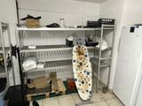 a surfboard on a rack in a room