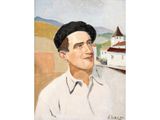 painting of a man with a hat and a white shirt in front of a building