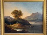 une peinture à l'huile représentant une scène de rivière avec un bateau au premier plan