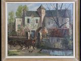 une peinture à l'huile représentant une calèche devant une maison