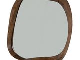 a close up of a mirror with a wooden frame on a white background