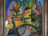 an oil painting of a painting of a guitar and a bowl of fruit