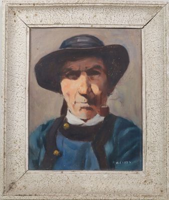 painting of a man in a hat and blue shirt smoking a cigarette