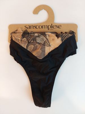 a black panties that has a black and white pattern on it