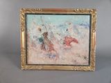 an oil painting of a man riding a horse on a beach