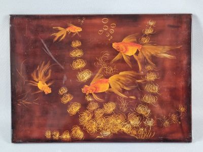 a picture of a painting of goldfishs in a pond of water