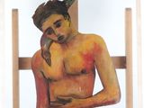 un tableau représentant un homme avec un oiseau sur la tête