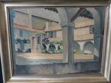 an oil painting of a courtyard with a building in the background