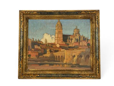 une peinture à l'huile représentant une ville avec un pont et un bâtiment