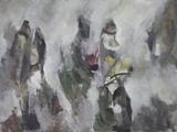 a painting of a group of people walking down the street