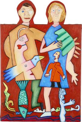 une image représentant un tableau où figurent deux personnes et un poisson