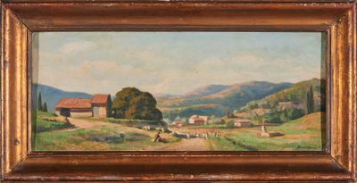 une peinture à l'huile représentant une scène de vie à la ferme avec des vaches qui paissent dans un champ