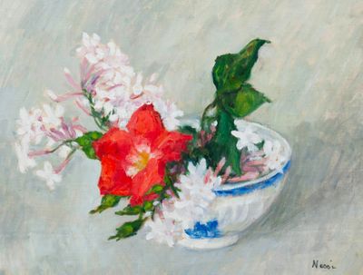 une peinture représentant des fleurs dans un bol bleu et blanc