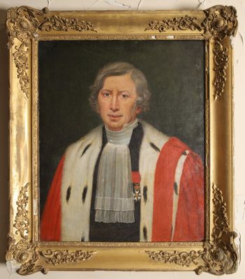 portrait of a man in a red robe and white mantler