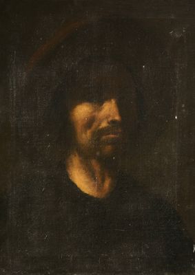 un tableau représentant un homme barbu vêtu d'une chemise noire
