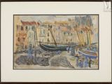 a picture of a painting of a boat in a harbor