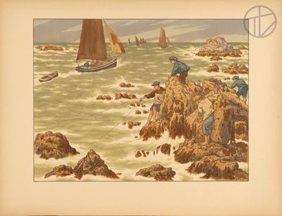 painting of a group of people on a rocky shore with sailboats in the background