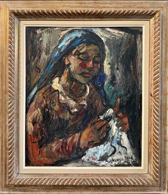 an oil painting of a woman holding a doll in her hands