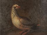 une peinture à l'huile représentant un oiseau posé sur une table, sur fond noir