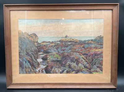 a painting of a rocky beach with a lighthouse in the distance