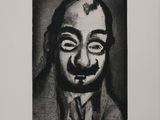 peinture représentant une photo en noir et blanc d'un homme arborant un large sourire