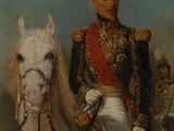 painting of a man in a military uniform riding on a white horse