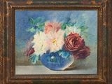 painting of flowers in a vase on a table with a blue background