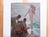 un tableau représentant une femme debout dans l'eau