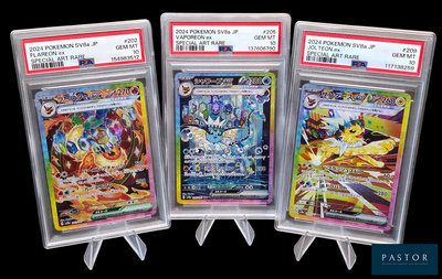 Trois cartes Pokémon différentes sont exposées dans des pochettes en plastique.
