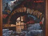 une peinture à l'huile représentant un pont sur une rivière avec un bâtiment à l'arrière-plan