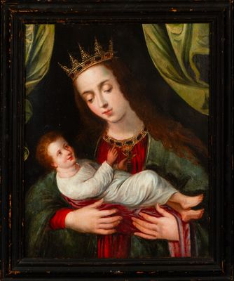 une peinture représentant une femme tenant un bébé dans ses bras