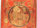an old red book with gold trimmings and a picture of a man on a horse