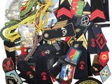 une pile d'écussons et d'insignes militaires sur fond blanc