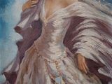 une peinture à l'huile représentant une femme en robe blanche avec un voile