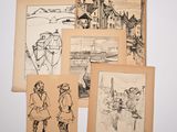 several drawings of people and boats are displayed on a wall