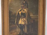 an old painting of a man in a military uniform holding a dog
