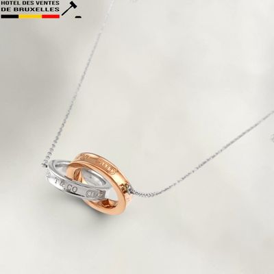 a close up of a necklace with two rings on it