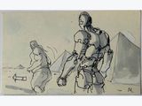 dessin représentant un homme et une femme marchant dans le désert
