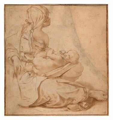 un dessin représentant une femme tenant un enfant sur ses genoux