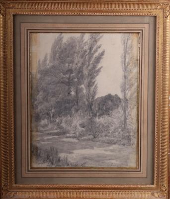 une peinture d'un paysage avec des arbres et une rivière au premier plan