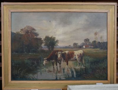 Moreau "les vaches, les pattes dans l'étang" huile sur toile…