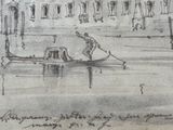 drawing of a gondola with a man in a gondola in front of a building